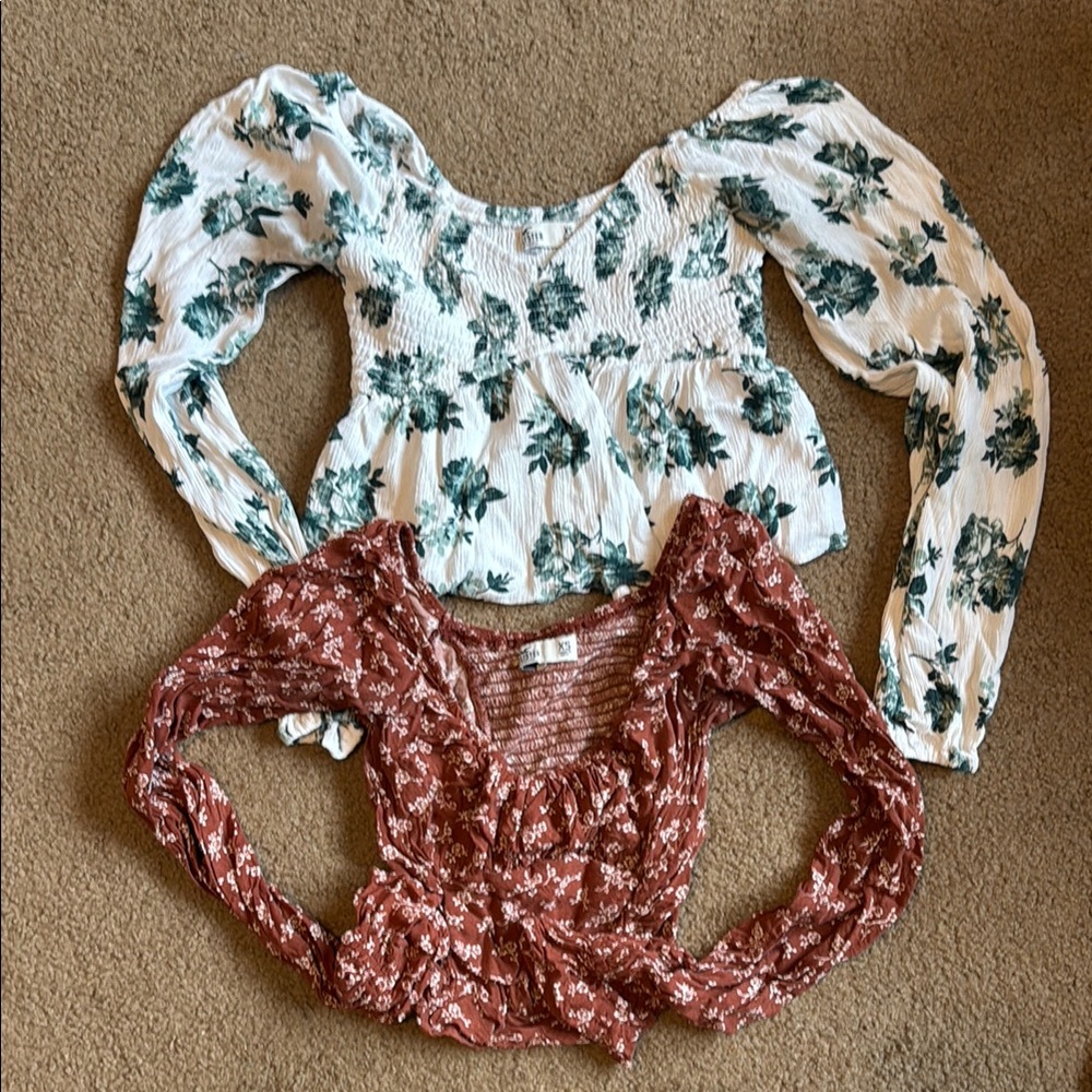 Floral Smocked Women's Tops - Green and Brown